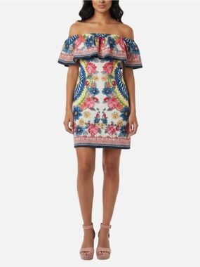 Jealous Tomato Pink and Blue Off-Shoulder Bodycon Mini Dress